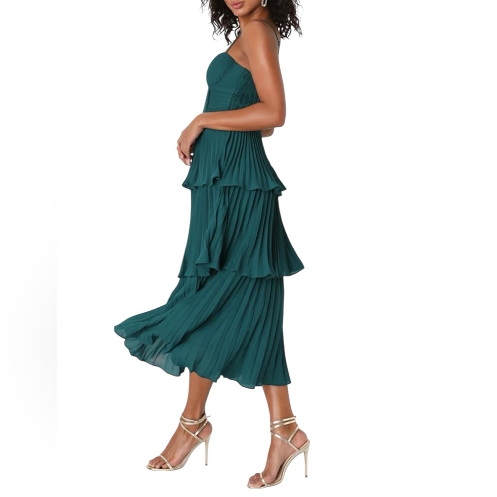 Lulus Cascading Crush Emerald Green Tiered Bustier Midi Dress Medium New - Picture 2 of 16